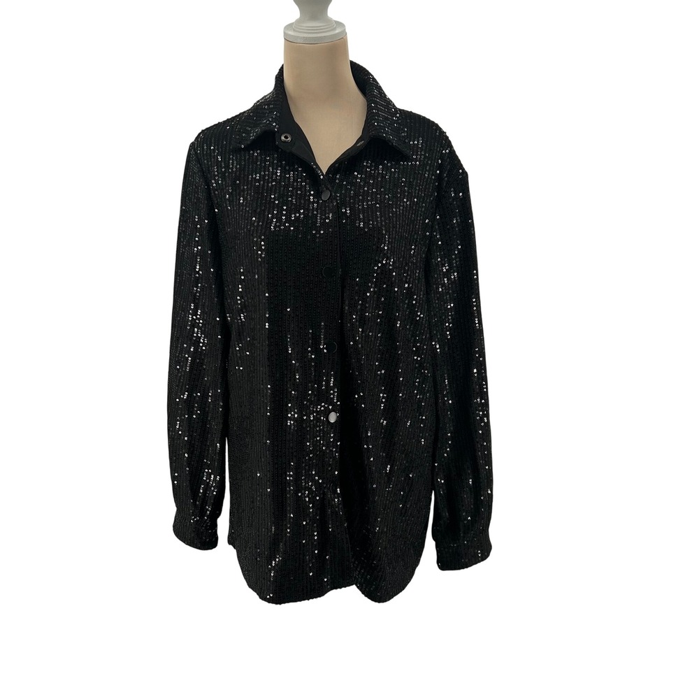 D&M Womens‎ Black Sequin Button Down Shirt Long Sleeve Blouse Large Sparkly Glam
